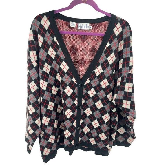 Rafaella Womens Cardigan Sweater Check Button Merino Wool Acrylic Black Red 3X - Picture 4 of 8